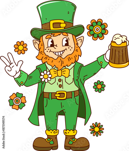 Cartoon groovy saint Patrick's day leprechaun character with beer tankard and daisies. Irish holiday personage. Vector cheerful dwarf with beard, retro green suit and top hat, merrily holds frothy mug