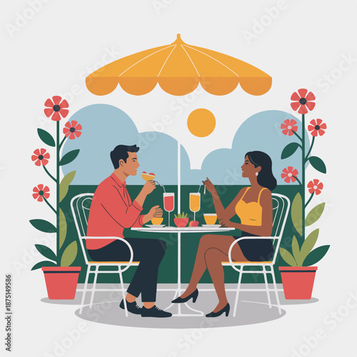 A couple enjoying a romantic dinner at an outdoor restaurant