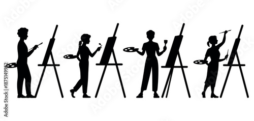 Artist Silhouettes Painting on Easel – Vector Illustration
