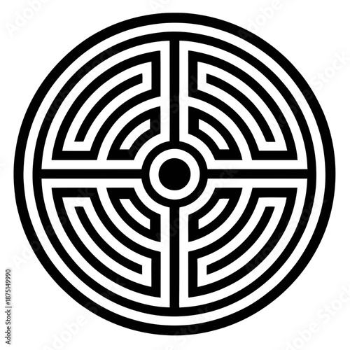 A black and white circular maze design on a plain background