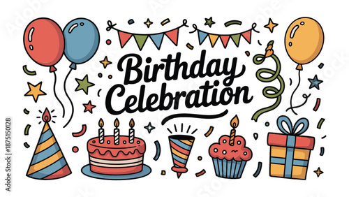 Colorful Birthday Celebration: This illustration showcases a vibrant birthday scene filled with balloons, party hats, cake, confetti, and gifts, all set against a clean background.