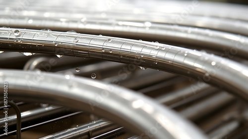 evaporator. Close-up of shiny stainless steel coils with tiny water droplets. safety posters, maintenance manuals, designed for industrial assembly lines and welding operations.