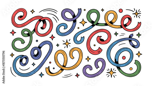 Playful Pattern of Swirling Lines and Stars: A vibrant, whimsical design featuring an array of colorful, swirling lines and twinkling stars, evokes feelings of energy and movement.