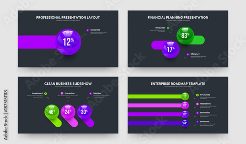 Elegant Overview 1 2 3 4 Option Graph Slideshow Layout Set. Advertising Showcase One Two Three Four Element Infographic Slide Template Vector Illustration Collection.