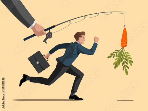 A humorous depiction of a businessman eagerly running after a carrot dangled from a fishing pole, symbolizing the pursuit of goals and ambitions in the corporate world.