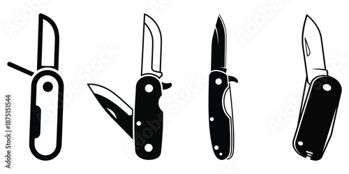 Four black and white illustrations of pocket knives with various blade and handle designs