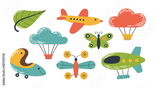 Cute Cartoon Air Transport Collection: A playful assortment of cartoon air transport, including an airplane, butterfly, hot air balloon, and a whimsical leaf, rendered in vibrant colors.