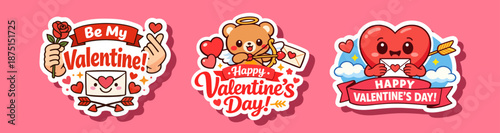 Valentine's Day themed vector illustration featuring adorable stickers. Includes a smiling envelope with a rose, a teddy bear with a love letter, and a heart with an arrow, all expressing love 