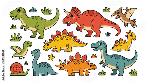 Dinosaur Illustration: A delightful illustration showcases a variety of dinosaurs in a charming and colorful style, perfect for educational content or playful designs.