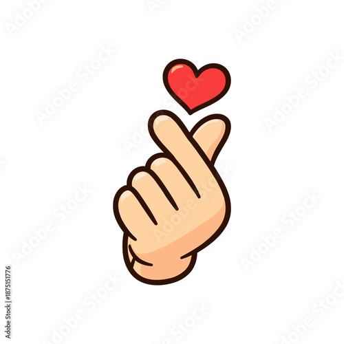Adorable kawaii-style hand making a finger heart gesture with a small red heart above. Minimal, colorful cartoon illustration isolated on a light background. Perfect for Valentine’s Day designs, love