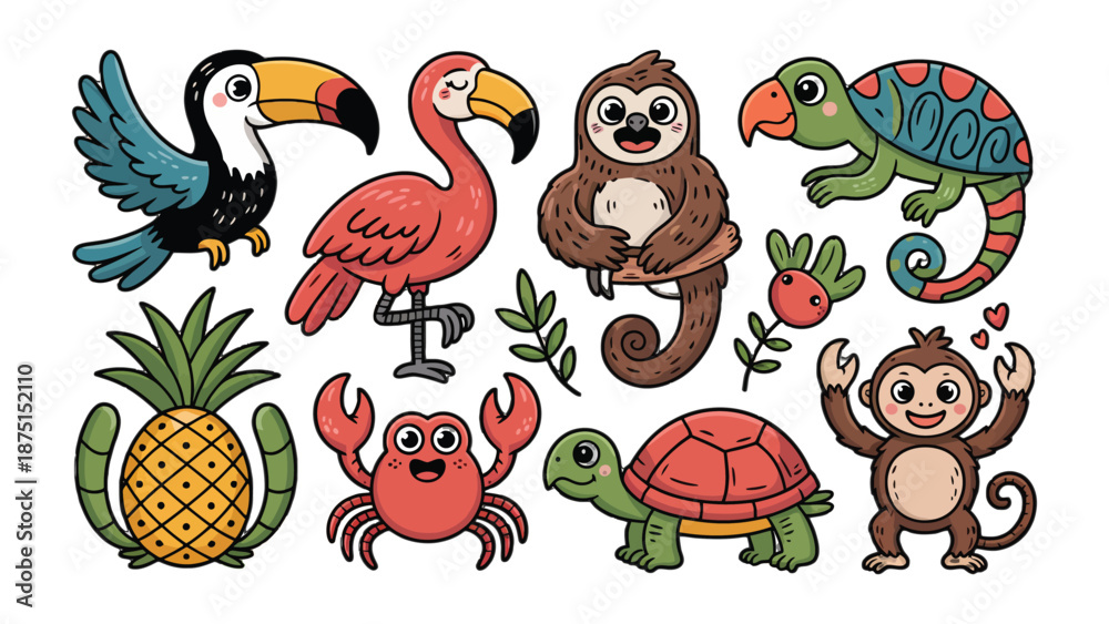 Obraz premium Tropical Cartoon Animals: An ensemble of delightful cartoon characters representing a variety of tropical animals, conveying a sense of playful vibrancy.