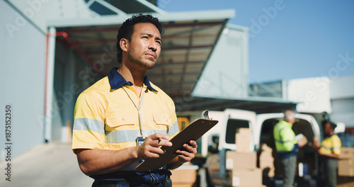 Foto Logistics, clipboard and thinking with delivery man outdoor for supply chain, checklist and idea