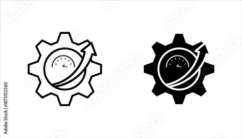 Gear with speedometer and upward arrow icon set. in outline style representing performance improvement, optimization, efficiency, and system growth concepts.