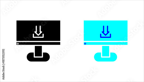 Computer monitor with download arrow icon set. in outline style representing file download, data transfer, software installation, and digital content.