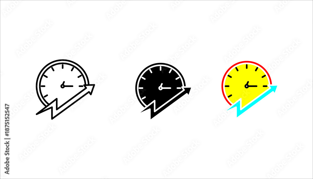 Fototapeta premium Speedometer with arrow icon set. in outline style symbolizing speed, performance, acceleration, efficiency, and business growth.