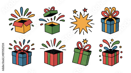 Gift Box Delights: Collection of vibrant gift boxes, each intricately adorned with bows and ribbons, bursts with excitement. This illustration captures the essence of special occasion joy.