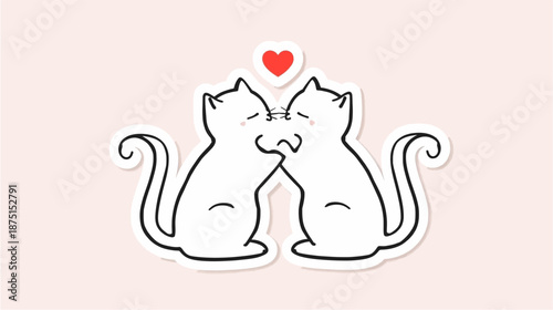 Two cute white cartoon cats touching noses with a red heart above, on a pink background, in a sticker style.