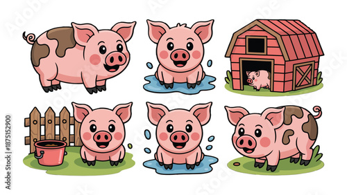 Playful Piglets on the Farm: A cheerful illustration showcases a group of adorable piglets frolicking around the farm, each with their own unique character, creating a charming scene of rural delight.