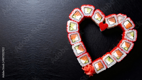Heart-shaped sushi on black background. Top view, text space