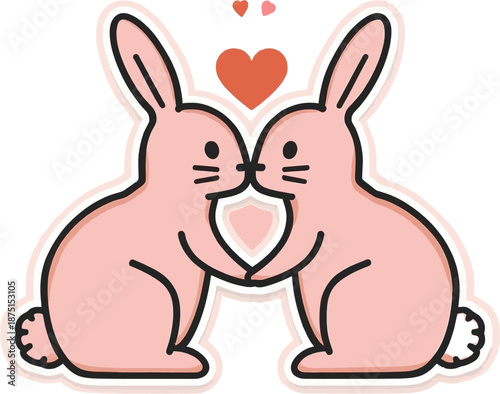 Two cute pink cartoon rabbits touching noses, forming a heart shape, with hearts floating above them, symbolizing love and affection.
