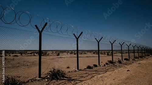 A long barbed wire fence stretches across a desert landscape under a clear blue sky