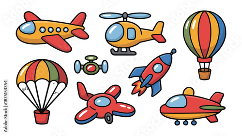 Air Transportation: Collection of Illustrations of flight objects, featuring colorful plane, helicopter, rocket, air balloon and parachute.