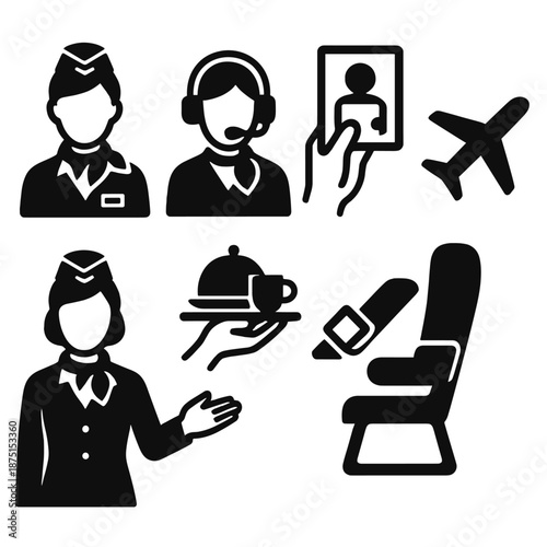 Cabin Crew Icons. Cabin crew basicsset in outline vector style uniform silhouette, name badge, headset, safety card, airplane icon, service tray, seatbelt symbol, welcome gesture