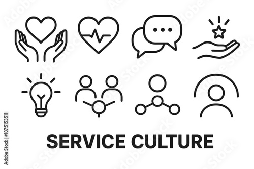 Service Icons Overview. Service Culture set in outline vector style: open hands, heart line, friendly gesture, conversation bubble, support spark, clarity icon, teamwork node, welcoming arc