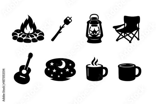 Campfire Night Icons. Camp bonfireset in outline vector style campfire pit, roasting stick, marshmallow, lantern, folding chair, guitar silhouette, starry sky, warm mug