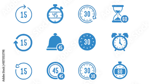 A collection of blue time and clock icons on a white background