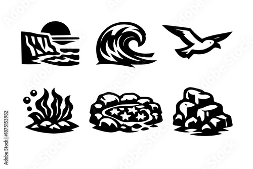 Brutalist Coastal Icons. Tide icon set in silhouette bold style. Contain Coastline, Wave Curl, Seagull, Sea Plant, Tide Pool, Rock Formation
