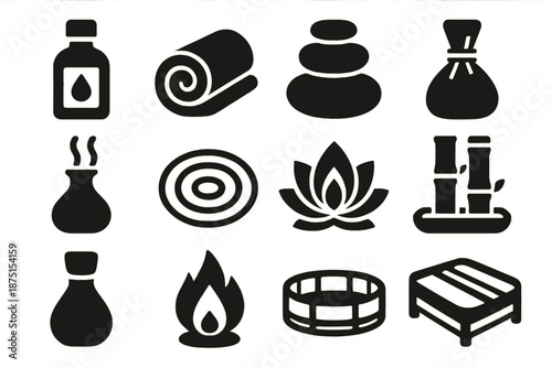 Bold Spa Icons. Spa ambience set icon set in silhouette bold style. Contain essential oil bottle, rolled towel, pebble stack, herbal sachet, aroma diffuser, water ripple, soft lotus flame, bamboo tray