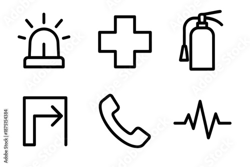Safety Signal Icons. Safety Signals emergency set in outline vector style: alarm siren, first-aid cross, fire extinguisher, exit arrow, emergency phone, pulse line