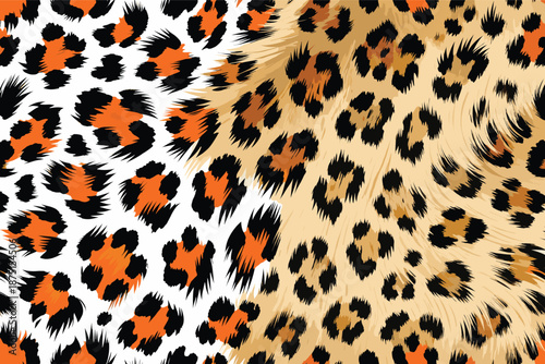 A close-up view of an abstract leopard pattern featuring vibrant orange, black, and white colors on a textured fur background