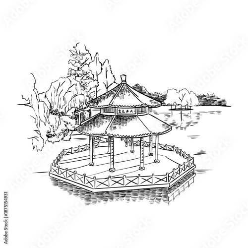 Traditional Chinese Pagoda On Lake Shore Sketch Illustration