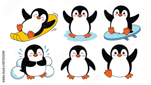 Playful Penguin Collection: A set of adorable penguins engages in various fun activities, expressing pure joy and lightheartedness. A heart warming view.