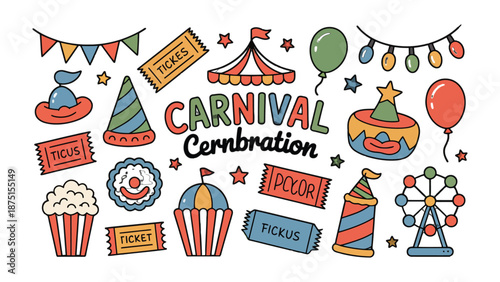 Carnival of Celebrations: A festive illustration bursting with classic carnival elements, creating a sense of joy and whimsy. 