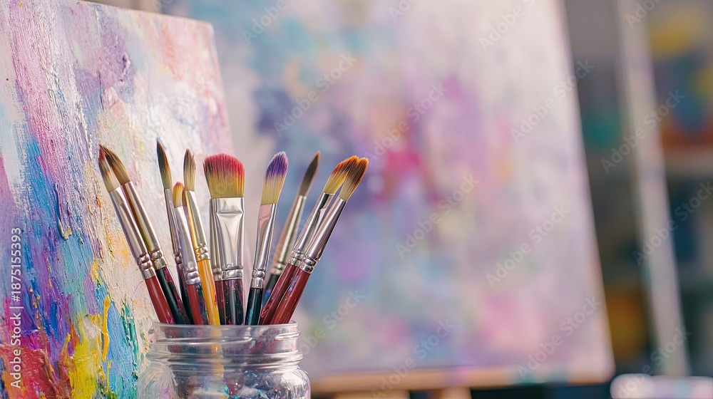 Fototapeta premium Paintbrushes in a glass container with a colorful, abstract painted background, symbolizing art and creativity