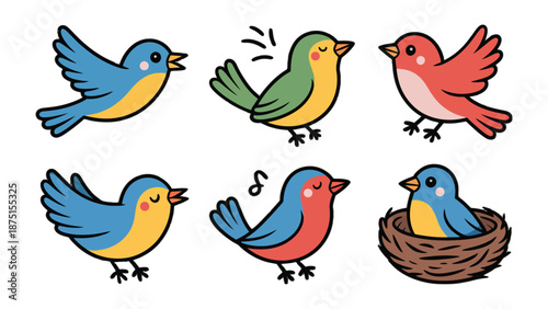 Bird Collection: A colorful collection of charming cartoon birds, each with its own unique personality and pose, perfect for adding a touch of whimsy and joy to any project.
