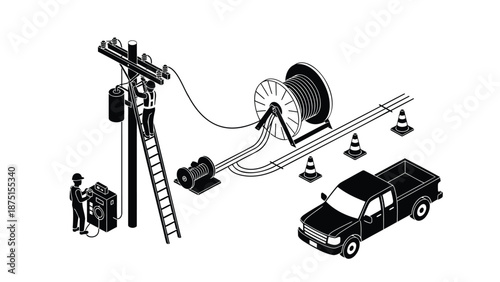 Workers installing cable on utility pole with truck and road cones nearby for infrastructure development with construction