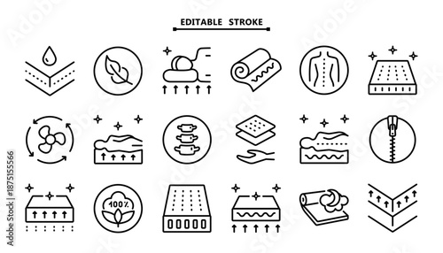 Mattress icon vector set. Memory foam symbols shows different types of mattresses. Isolated on white. Clean outline collection with fully editable stroke.