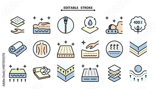 Orthopedic Mattress and Support Icons: Editable Stroke Color Symbols for Sleep Health and Furniture Branding