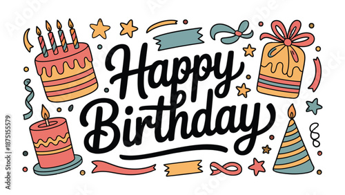 Happy Birthday Doodle Art: A vibrant doodle-style composition spells out Happy Birthday amidst a playful array of celebratory icons, including a cake, candles, gifts, and stars.