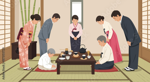 Japanese And Korean Tea Ceremony Bowing In Respect