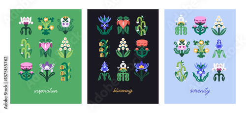 Greeting cards with flowers and lettering set. Designs of postcards with abstract wildflowers. Modern templates with blooming plants and leaves with symmetrical shapes. Flat vector illustrations