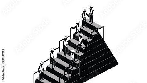 Black and white illustration of businesspeople climbing stairs to success with hard hats on, representing teamwork and career advancement