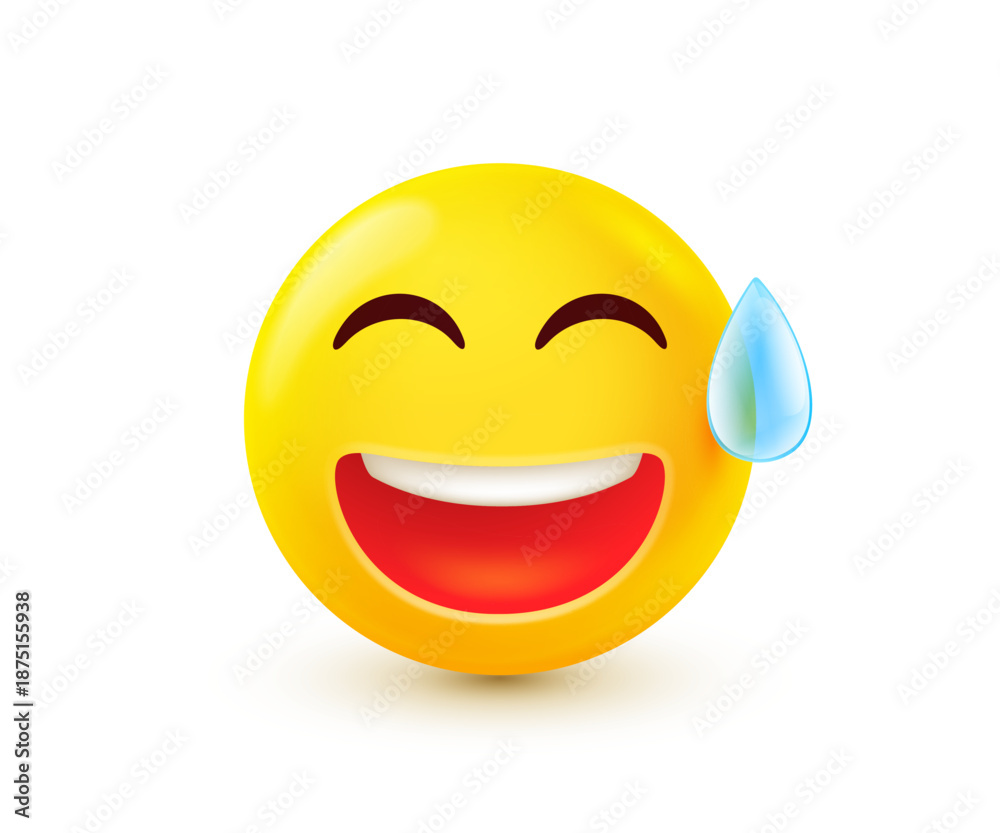 Fototapeta premium Vector illustration of laughing yellow emoji feeling awkwardness. Funny smile character icon. Happy emotion smile face with tear. Embarrassed mood. 3d style design of positive emoticon with sweat tear