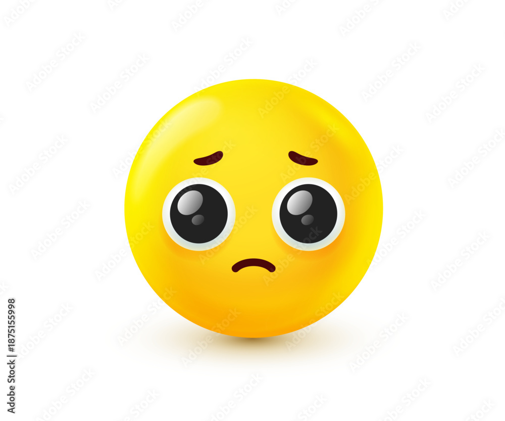 Fototapeta premium Vector illustration of yellow emoji with tear in eyes. Unhappy emotion smile face. 3d style design of sad emoticon. Unhappy and tearful mood. Funny smile character icon