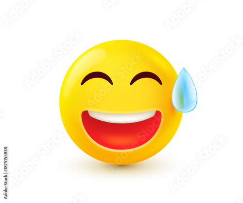 Vector illustration of laughing yellow emoji feeling awkwardness. Funny smile character icon. Happy emotion smile face with tear. Embarrassed mood. 3d style design of positive emoticon with sweat tear