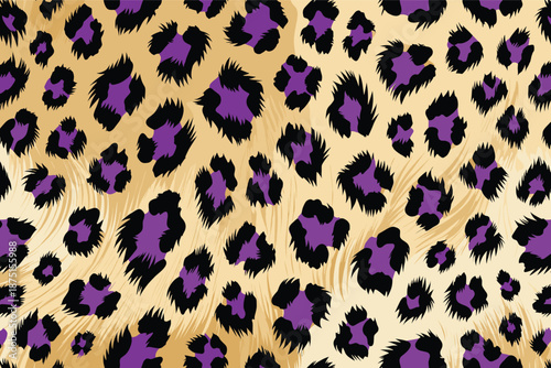 Leopard print pattern featuring vibrant purple and black spots on a golden background from a close-up viewpoint